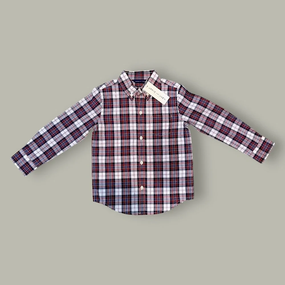 Janie and Jack NWT Tartan Plaid Poplin Button-Down Long-Sleeve Shirt Size 3T - Picture 2 of 5